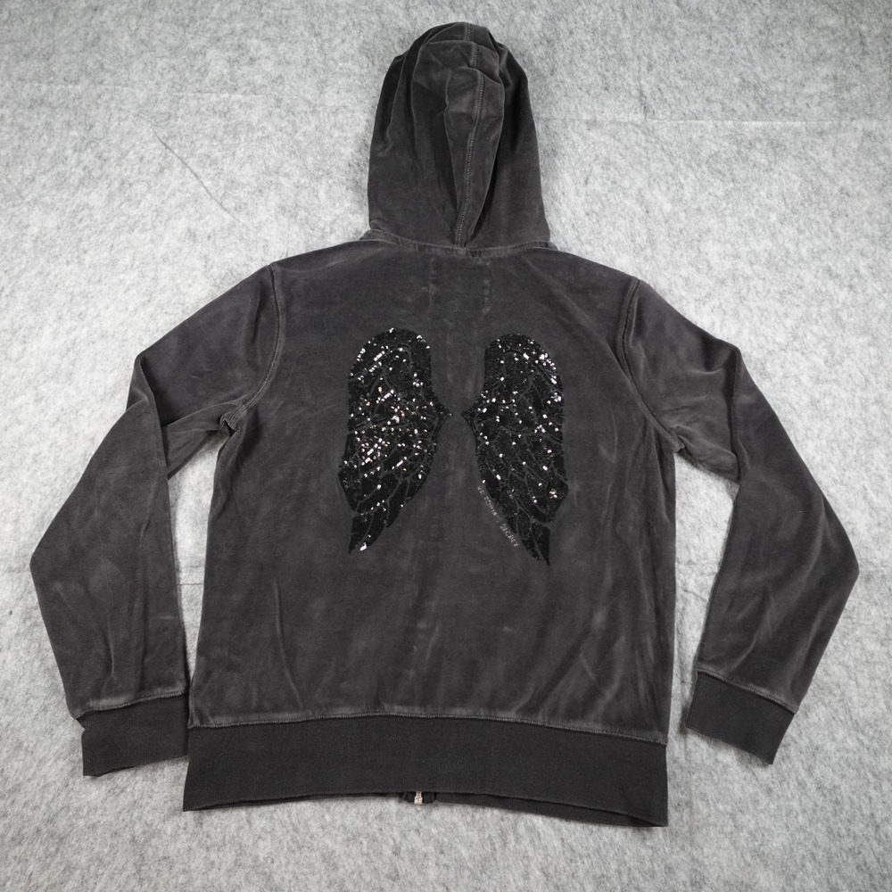 Victorias Secret Hoodie Womens Large Black‎ Velour Bling Wings Y2K Full Zip Hood